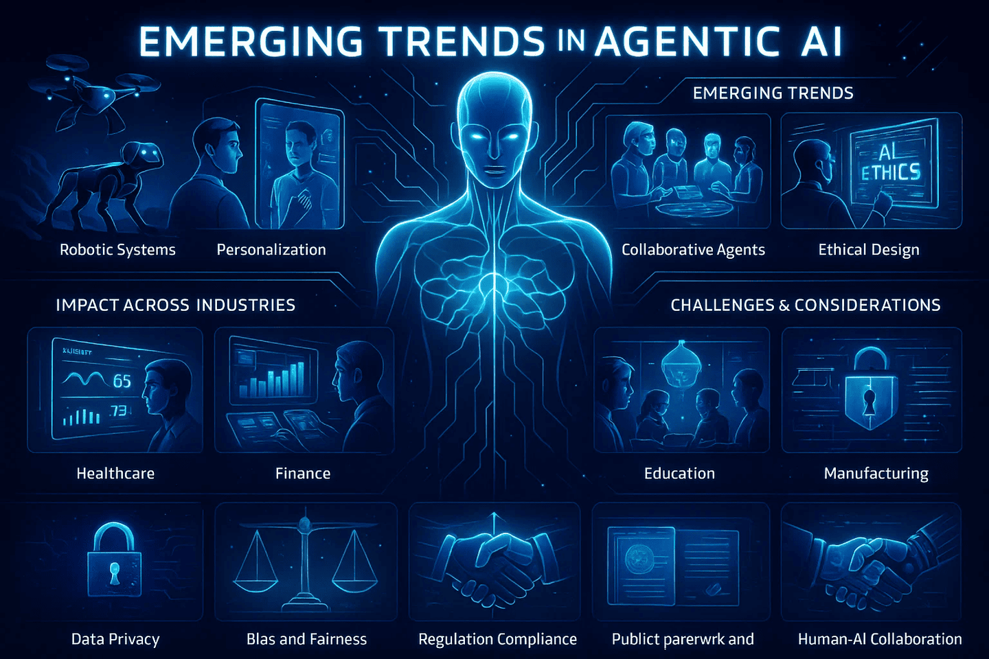 Emerging trends in Agentic AI: robotic systems, personalisation, collaborative agents, and ethical design, with impact across healthcare, finance, education, and manufacturing